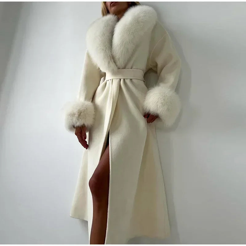Manteau en laine pour femmes, Patchwork de fourrure solide, mode, manches longues, col en v, à lacets, pardessus Long ample, automne, bureau, vêtements d'extérieur pour dames