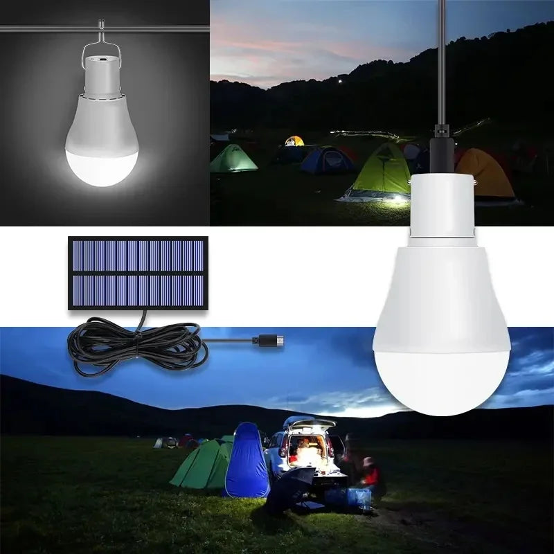 LED solar lamp, waterproof outdoor bulb, portable solar garden hanging hiking fishing emergency lights