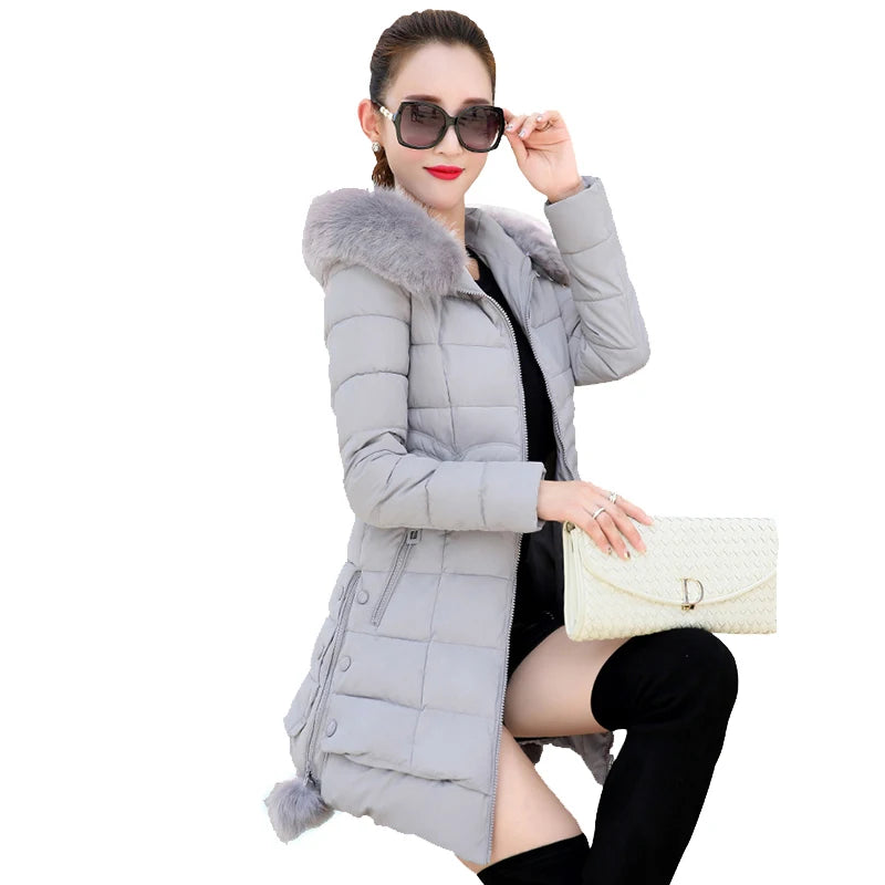 Veste d'hiver femmes 2023 manteau d'hiver couleur pure décontracté col de fourrure à capuche longue à capuche coton dame veste