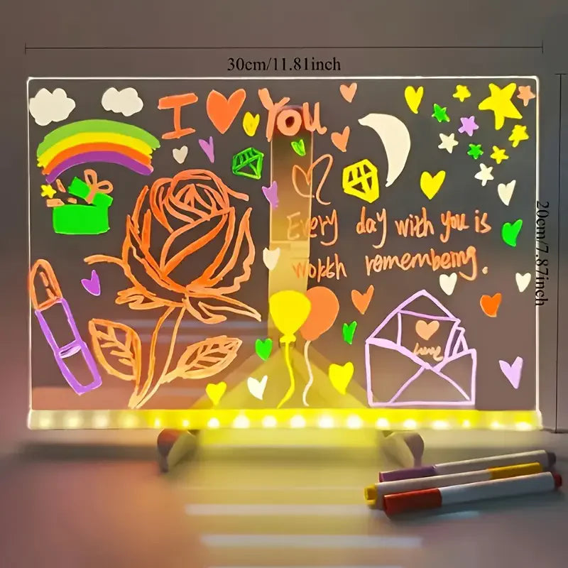 Tableau de notes LED veilleuse avec 7 stylos colorés, tableau d'affichage en acrylique, peinture effaçable, planche à dessin pour enfants, cadeau d'anniversaire