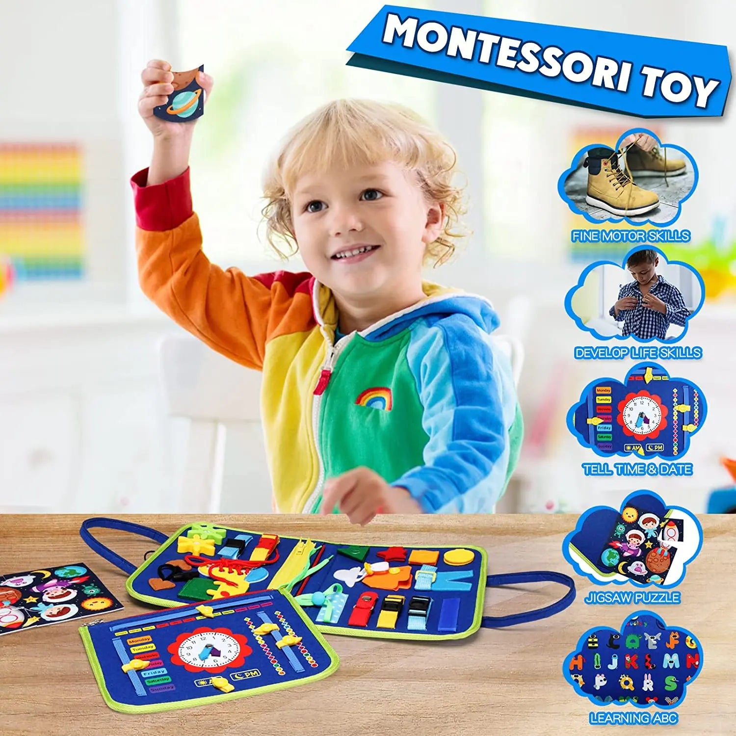 Planche de développement d'activités sensorielles, jouets Montessori, planche d'apprentissage pour les motricité, planche d'apprentissage pour les tout-petits