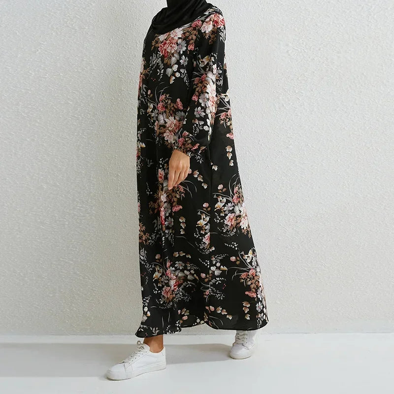 Women's Pop Eid Muslim Abaya Ramadan Moroccan Arabic Pockets Long Floral Dress Dubai Caftan Islamic Abayas Zippers Casual Dresses