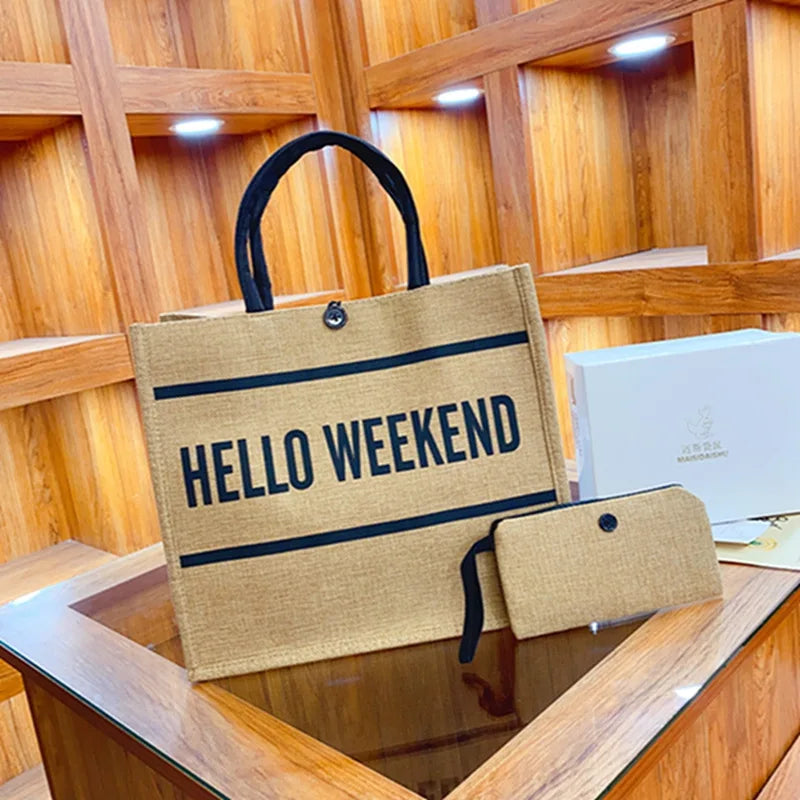 Sac fourre-tout en lin 2 pièces, sac à main en toile de grande capacité, sacs de Shopping, sac de maquillage, porte-monnaie pour mariage, cadeau d'anniversaire, vacances à la plage