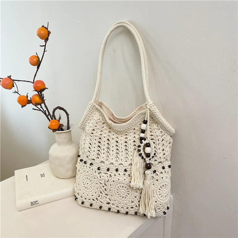Sac à main tissé de grande capacité, sac à bandoulière ajouré, fourre-tout en Crochet, fourre-tout bohème tissé pour femmes, sacs de Shopping tricotés