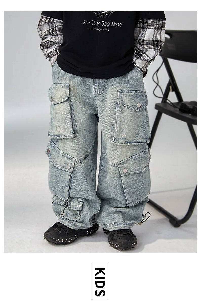 Jean ample à jambes larges pour garçons, pantalon de travail pour enfants moyens et grands, coupe confortable, printemps-automne