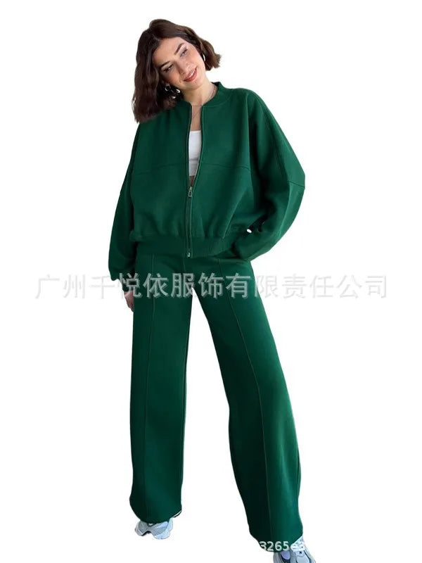 Women's two-piece casual set, solid color, sweatshirt, long sleeves, zip-up coat, long pants, pockets, elegant, autumn/winter 2025