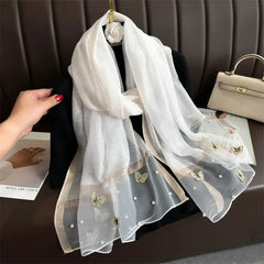 Grand Foulard Fin et Élégant avec Broderie Papillon, Châle Hijab de Luxe pour Femme