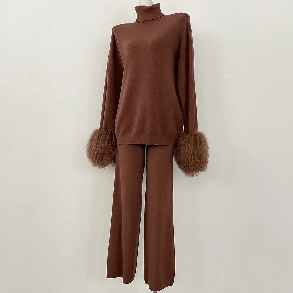 Ensemble pull et pantalon tricotés en laine et mélange pour femme, avec poignets en vraie fourrure de mouton mongole, costume tricoté de haute qualité 2025