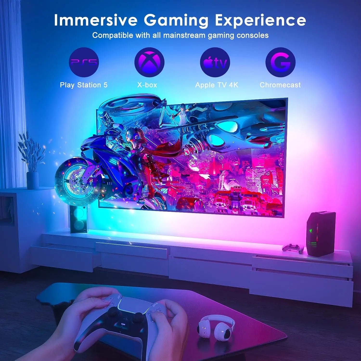 Rétroéclairage TV LED HDMI Sync avec éclairage d'ambiance dynamique |   Fonctionne avec TV Box/PS5 |   Plug & Play, Mode de jeu
