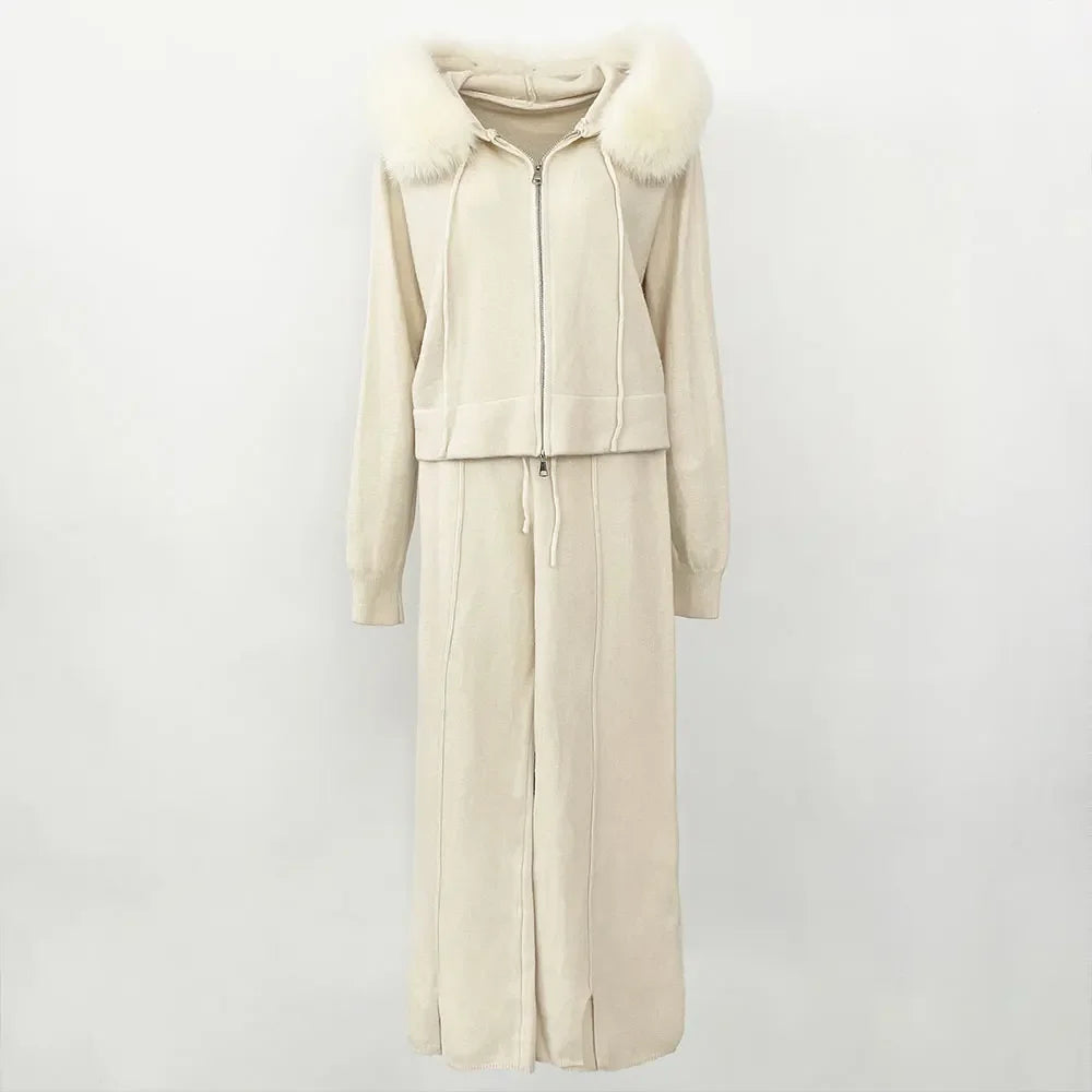 Women's fox fur collar coat, hooded jacket with detachable handles, fashionable knitwear, cozy sweater, autumn, winter, 2024