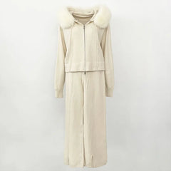 Women's fox fur collar coat, hooded jacket with detachable handles, fashionable knitwear, cozy sweater, autumn, winter, 2024