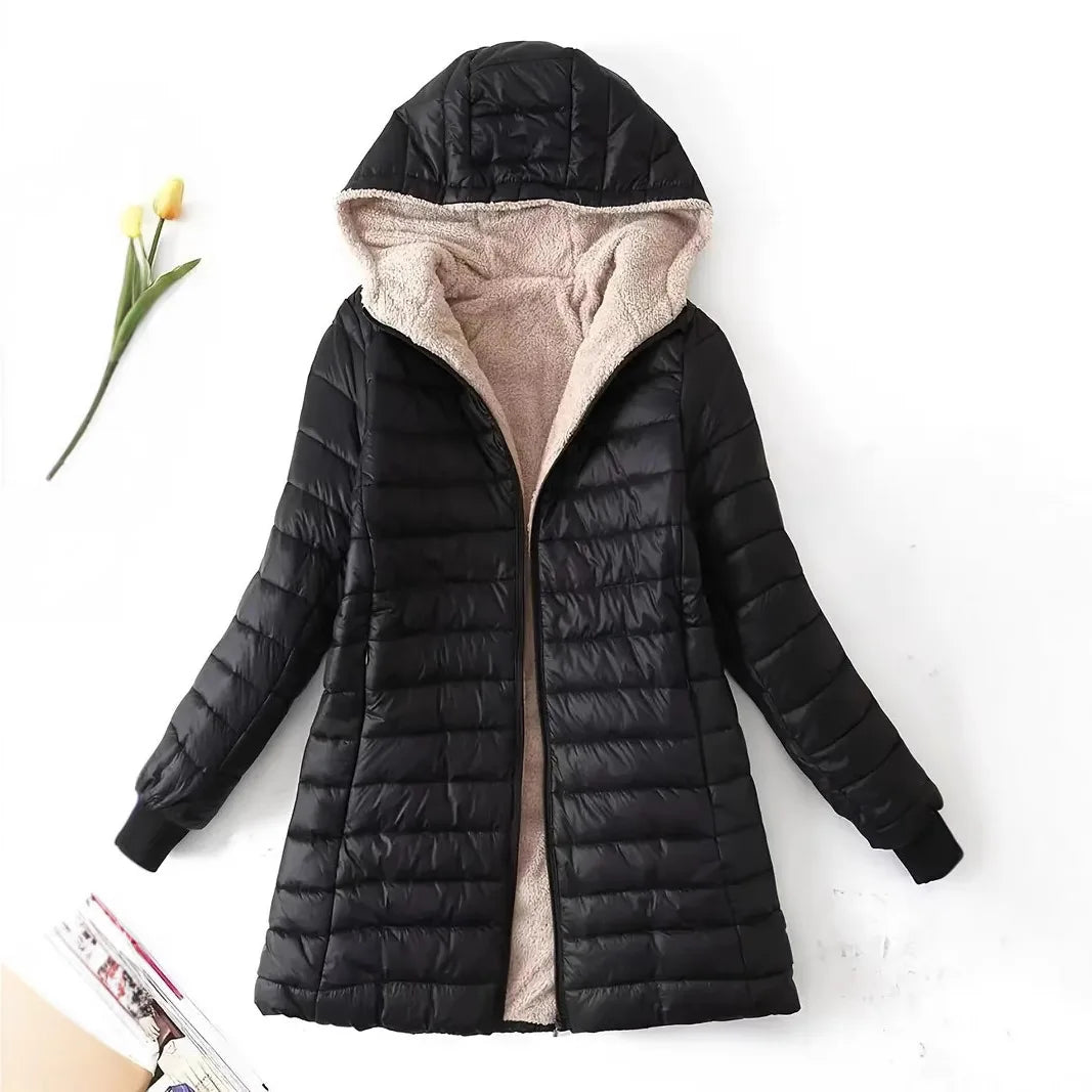 Women's fleece-lined cotton jacket, warm top, loose fit, lightweight, hooded, cotton coat, street style, trendy, autumn/winter