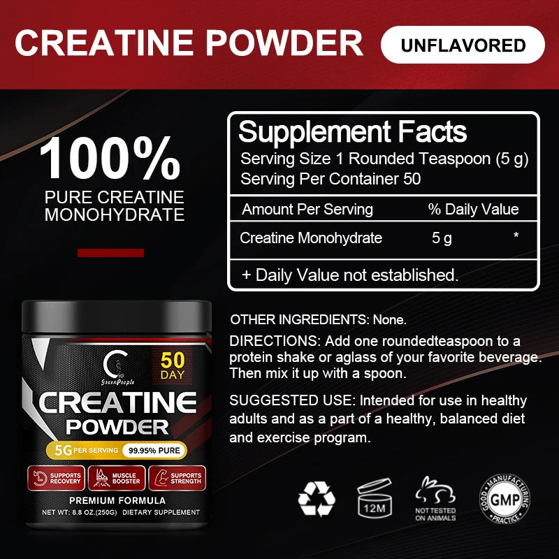 GPGP GreenPeople poudre de monohydrate de créatine poudre de créatine reconstitution musculaire constructeur musculaire pour hommes et femmes suppléments d'entraînement