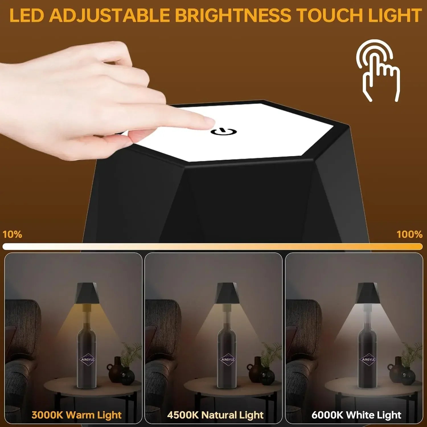 Wireless bottle-shaped table lamp, touch control, 3 colours, stepless dimming, night light suitable for bars.
