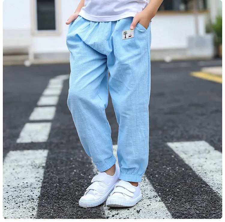 Pantalons pour enfants pour garçons et filles, en coton et lin, taille élastique, couleur unie, pantalons moustiques d'été, vêtements pour enfants, pantalons longs 100-160cm