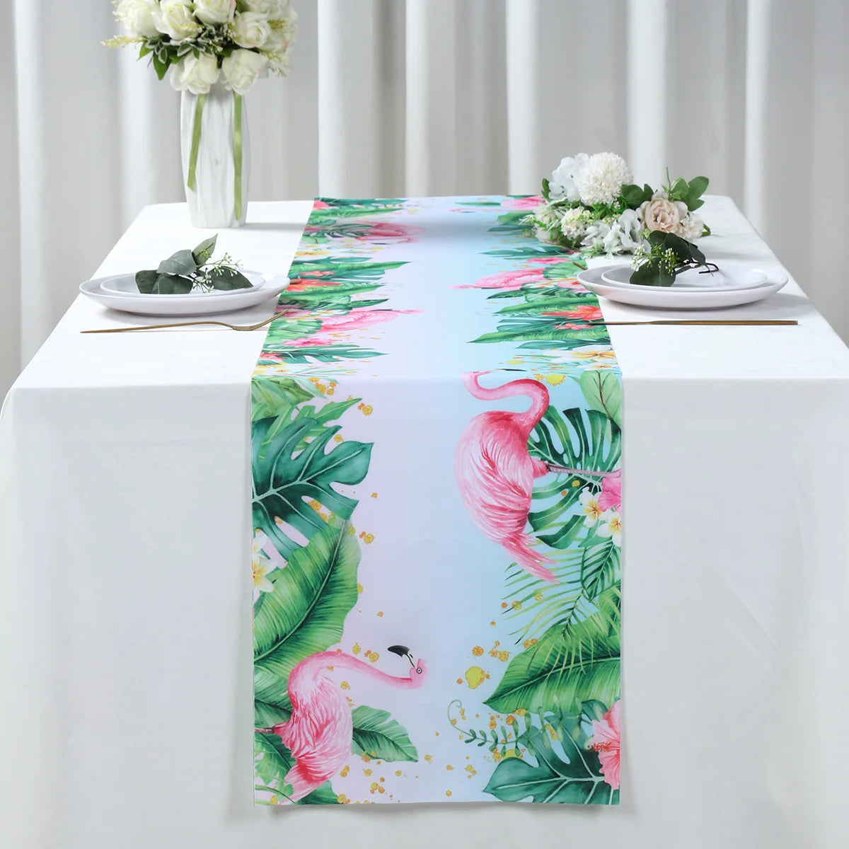 Summer Hawaiian Flower Table Runner, Flamingo Birthday Party Decor for Kids, Aloha Hawaii Tropical Party Supplies, Dining Table Decor