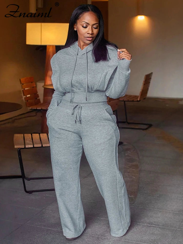 Znaiml gris tenue femmes Sport deux 2 pièces hiver sweat à capuche hauts et pantalons à jambes larges survêtement Streetwear Sportsuit 2025
