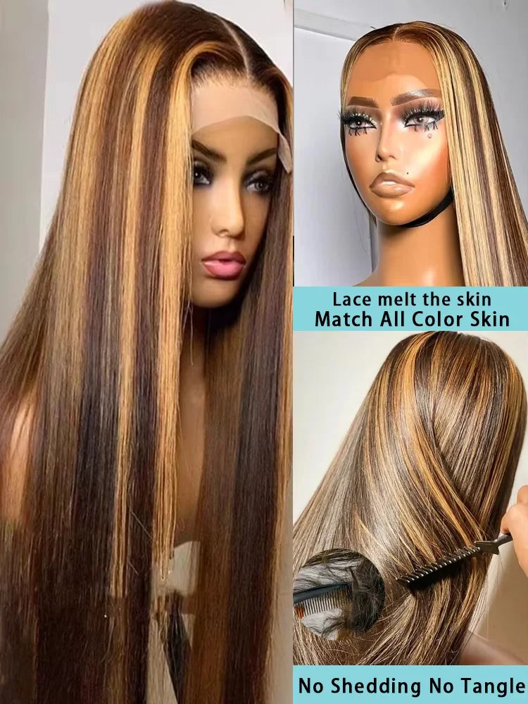 4/27 Highlight Right 13x6 13x4 HD Lace Front Human Hair Wigs 220 Density Brazilian Ombre Transparent Lace Front Wig 46 inches 