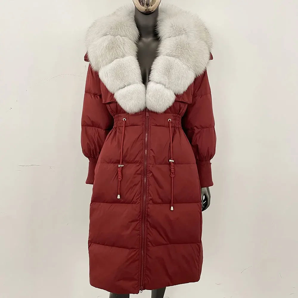 Doudoune longue avec col en fourrure pour femme, pardessus en fourrure de renard, longueur aux genoux, à la mode, chaude, cintrée à la taille, vêtements d'extérieur amincissants