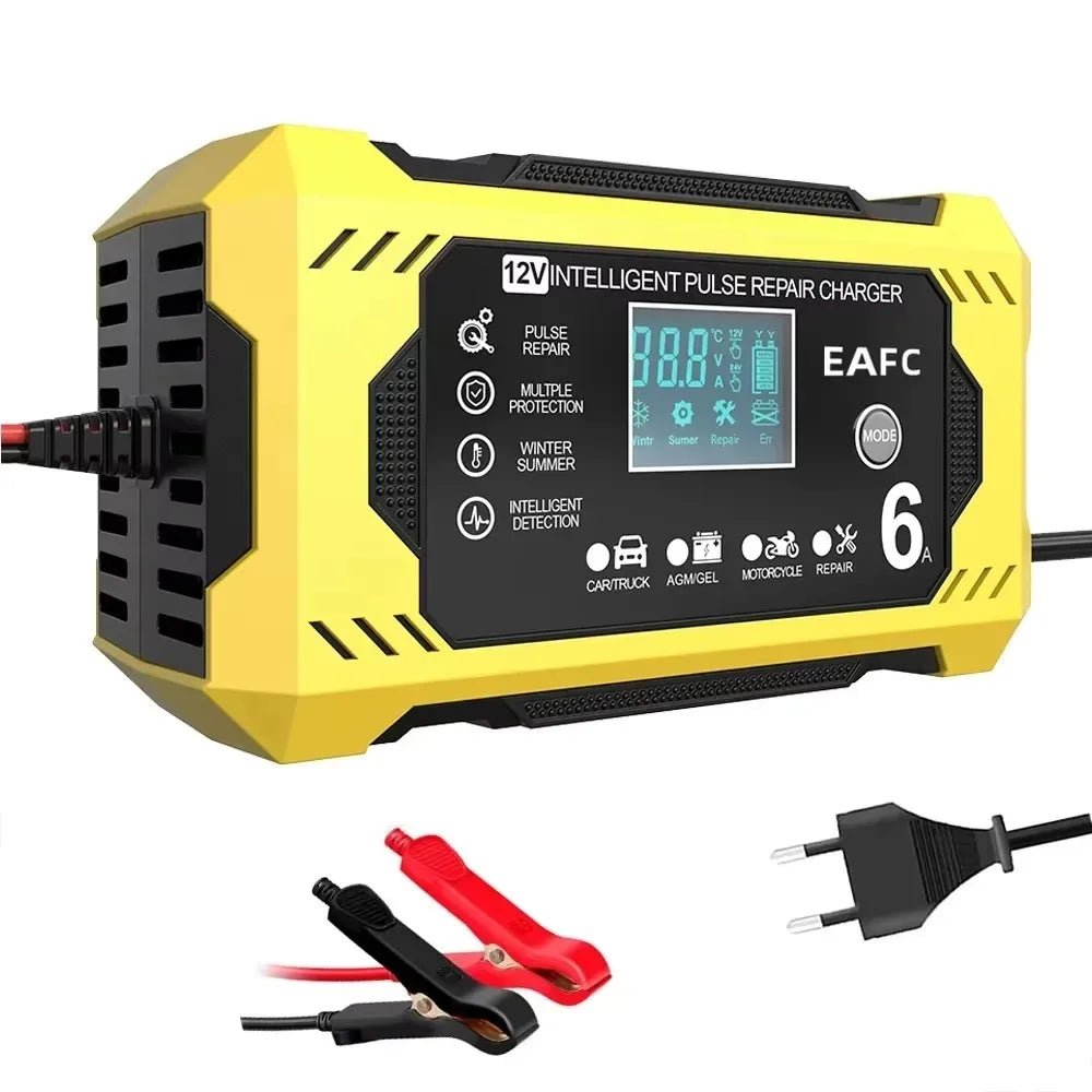 Chargeur de batterie de voiture, grand écran 6a 12V, dispositif de charge de batterie de voiture et de moto, batterie au plomb, réparation intelligente, écran LCD