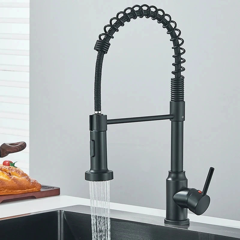Robinets de cuisine extractibles à ressort, tête de pulvérisation, robinet d'eau chaude et froide, Rotation en acier inoxydable, mitigeur de cuisine, grue