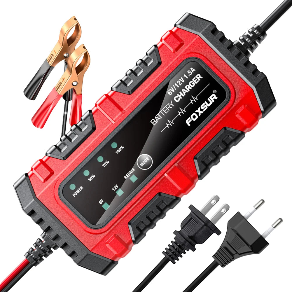 6V 12V 1.5A Electric Car Battery Charger, for Electric Motorcycles, Smart, for Car, Truck, Boat, SUV, AGM GEL Lead-Acid Batteries