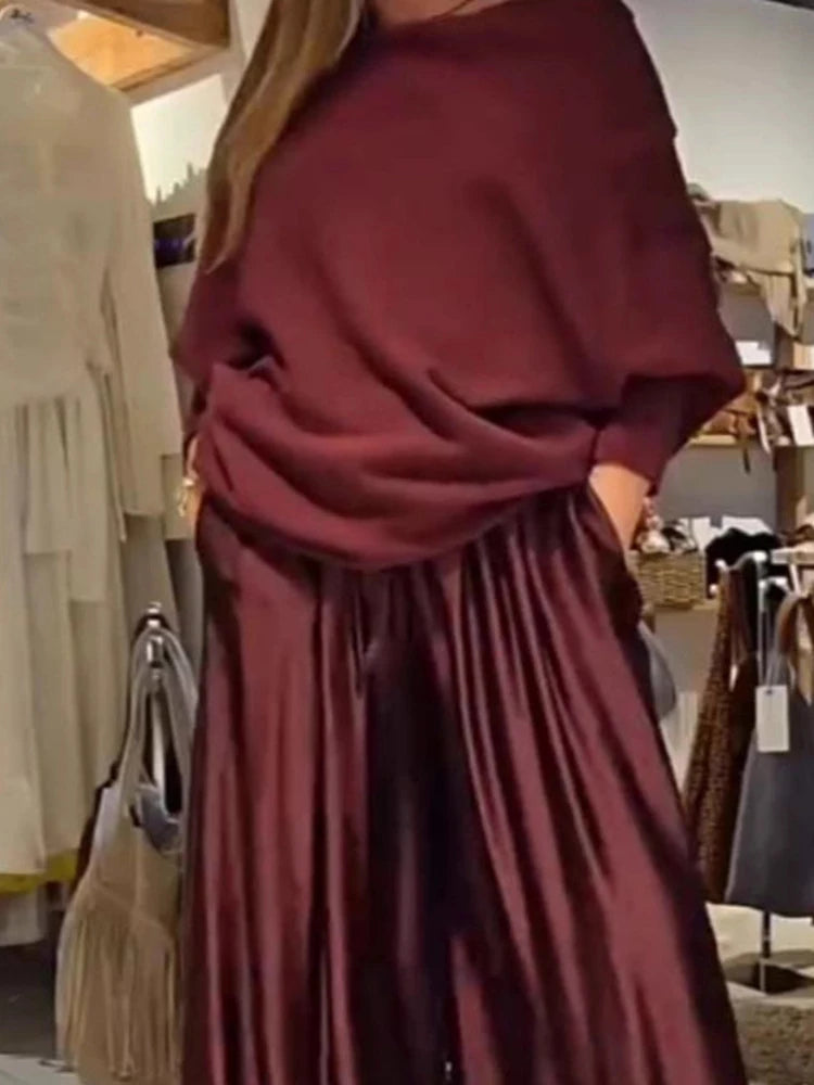 Elegant Off-the-Shoulder Satin Top and Wide-Leg Pants Set, Slash Neck, Irregular Fashion, Solid, Commuter Outfits, Simple Loose Sets for Women