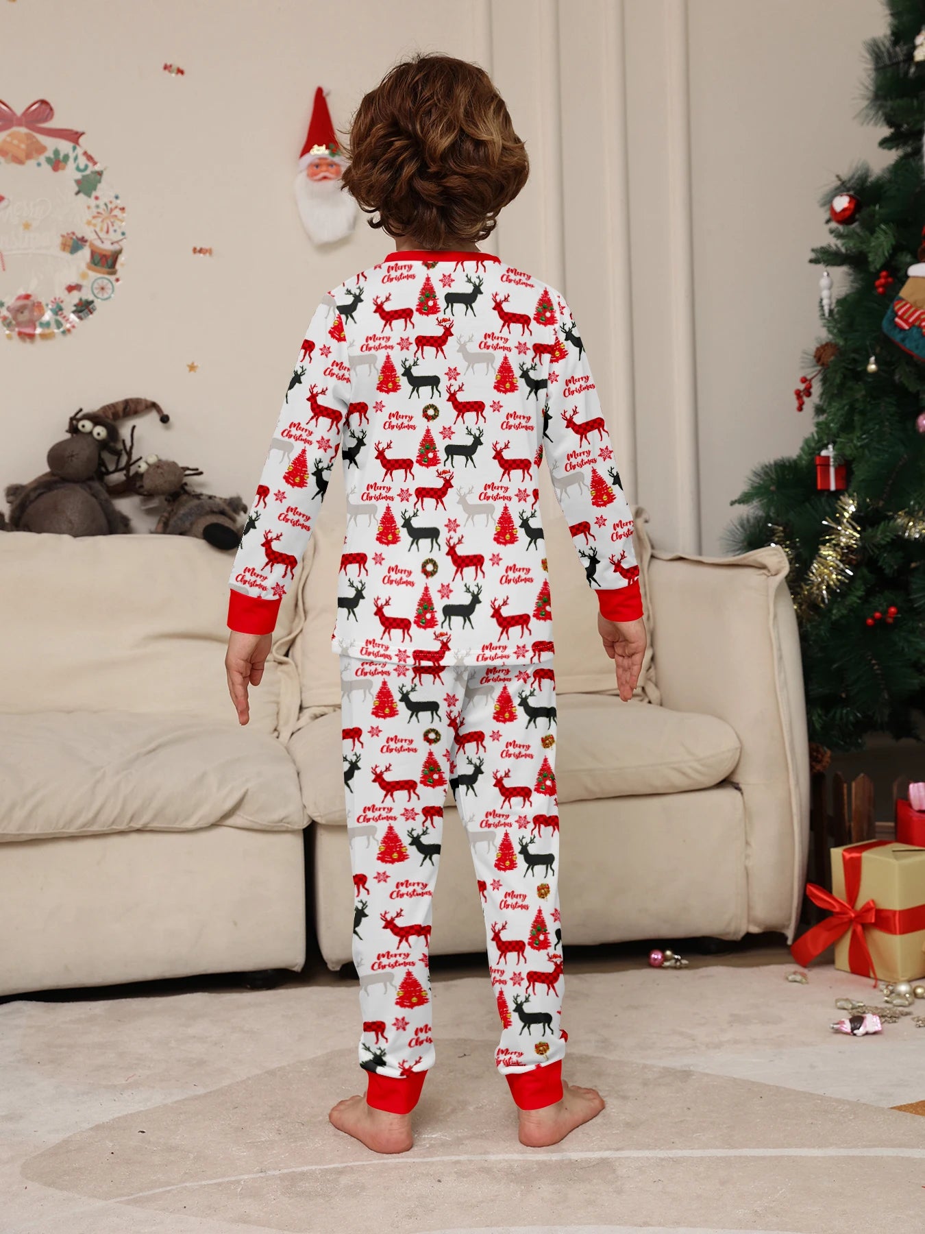 Ensemble pyjama de Noël pour enfants – Pyjama assorti rouge blanc à imprimé partout avec renne, arbre, « Joyeux Noël »