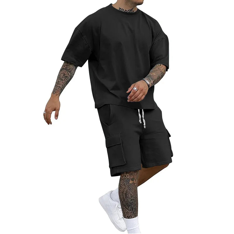 Stylish Utility T-shirt and Shorts Set, New Summer Style, Solid Color, a Casual and Sporty Suit for Men