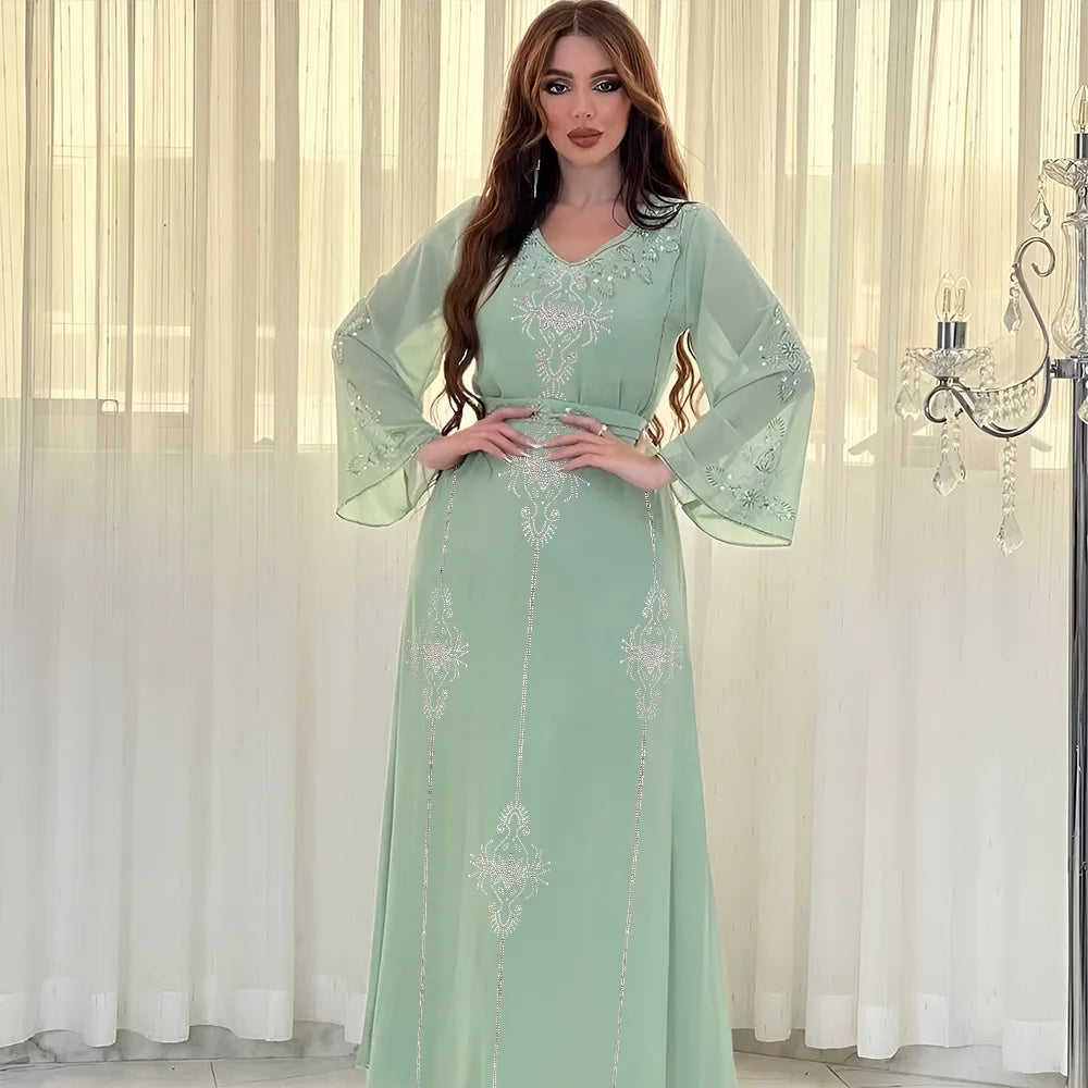 Eid Jalabiya - Women's Muslim Evening Dress, Diamond Lace-Up Arabic Abayas, Long Dresses, Elegant Dress, Educational Dress for Ramadan