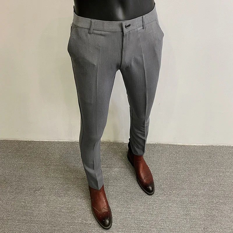 Men's Suit Formal Trousers, Men's Stretch Slim Fit Solid Color Casual Outfit Full Length Trousers, Fashion New Men's Clothing