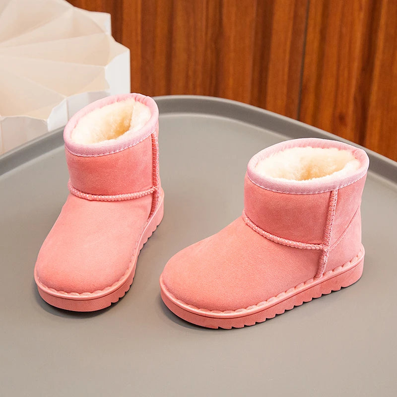 Bottes de neige pour enfants, Style concis, peluche épaisse, bottes courtes d'hiver pour enfants, couleur unie, chaussures classiques unisexes à enfiler pour garçons et filles 23-36