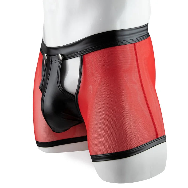 Men's underwear, sheer mesh boxer shorts, men's briefs, men's faux leather, detachable buckle, pouch, briefs, Cueca Calzoncillo