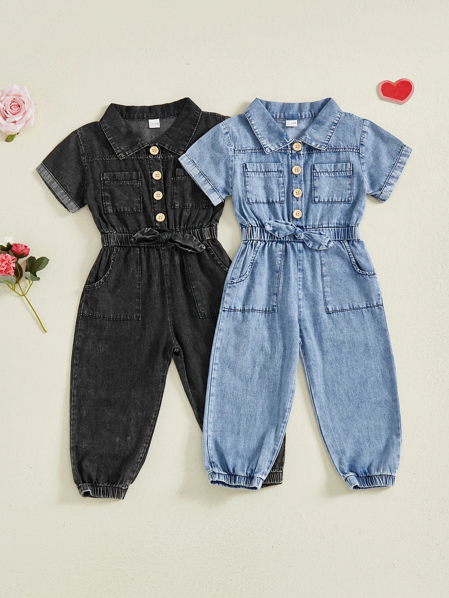 Barboteuse en jean pour petites filles, manches courtes, revers boutonné, combinaison pleine longueur avec poches