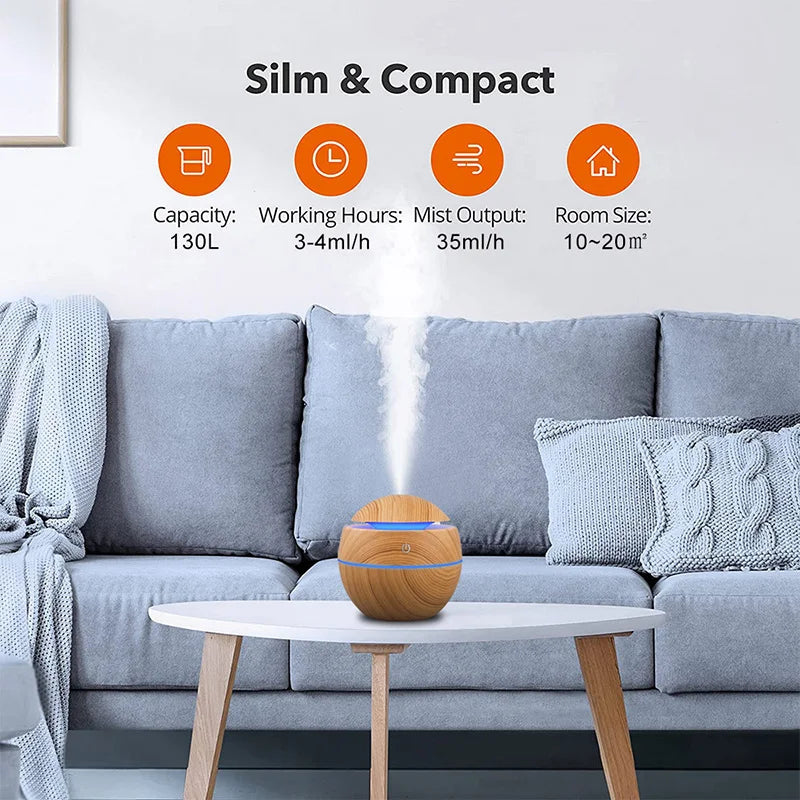 Humidificateur d'air ultrasonique USB, diffuseur d'arôme, Grain de bois, veilleuse LED, diffuseur d'huile essentielle électrique, aromathérapie pour la maison, 130ML