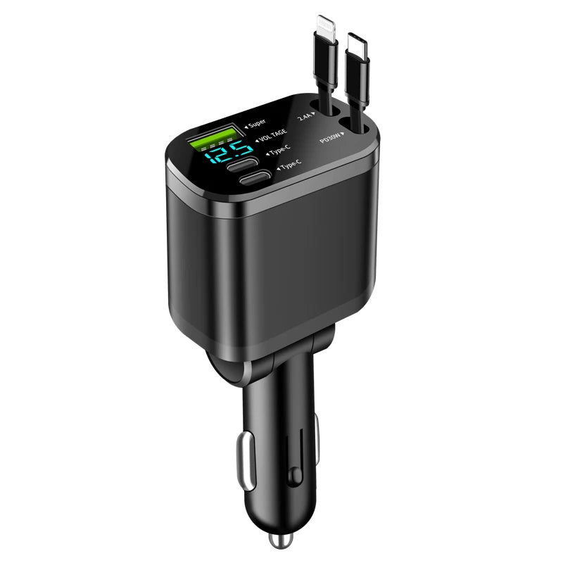 Chargeur de voiture, chargeur de voiture avec câble rétractable, PD de voiture, charge rapide de voiture, charge super rapide, charge flash, cig cinq en un