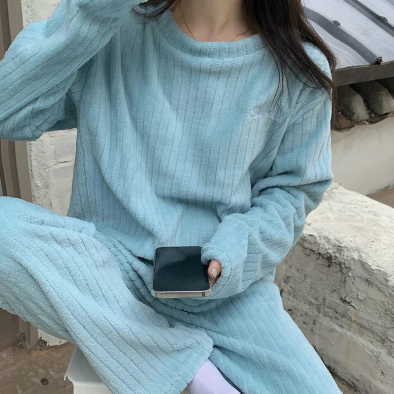 Women's warm, thick velvet pajama set, sweater and pants, bedding sets, warm, smiling, monochrome, casual, autumn, 2 pieces