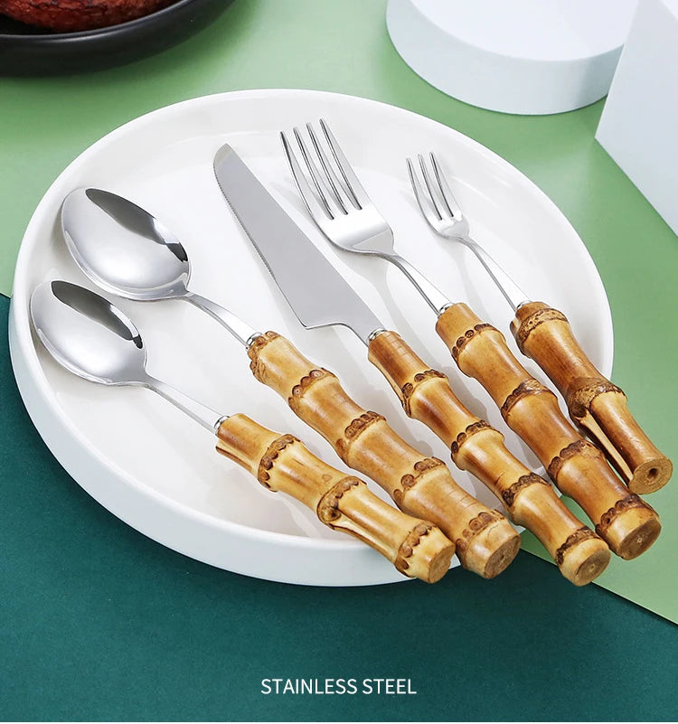 Ensemble de Vaisselle en Bambou et Acier Inoxydable avec Poignée Naturelle, Couverts Rétro, Steak, Opaque, Fourchette, Cuillère, Cadeau de Dessert, 20/30 Pièces