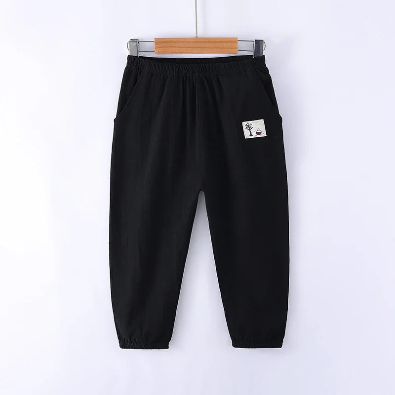 Pantalons pour enfants pour garçons et filles, en coton et lin, taille élastique, couleur unie, pantalons moustiques d'été, vêtements pour enfants, pantalons longs 100-160cm