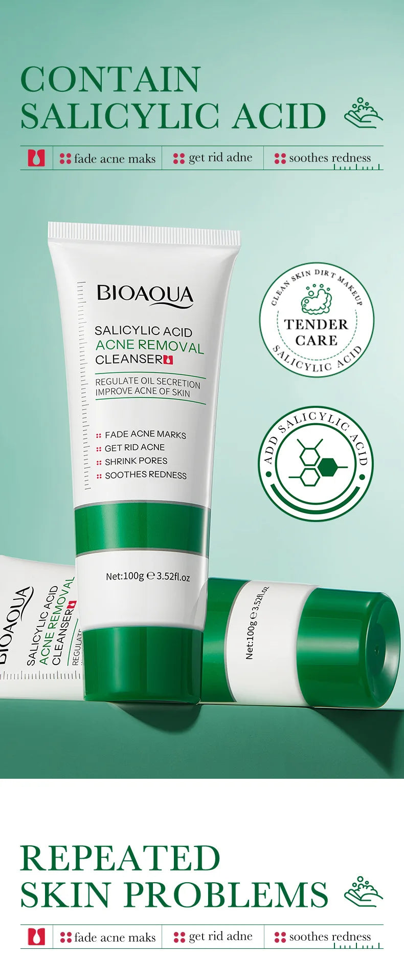 BIOAQUA acide salicylique nettoyant pour le visage traitement de l'acné hydratant contrôle de l'huile soin de la peau mousse de lavage du visage nettoyant pour le visage soins de la peau