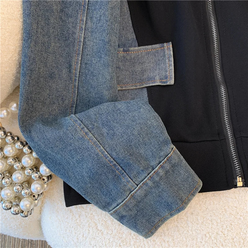 Ensemble pantalon en Denim, col montant, Patchwork, manteaux de rue, hauts à jambes larges, jean gothique droit, Vintage, ensemble deux pièces Simple