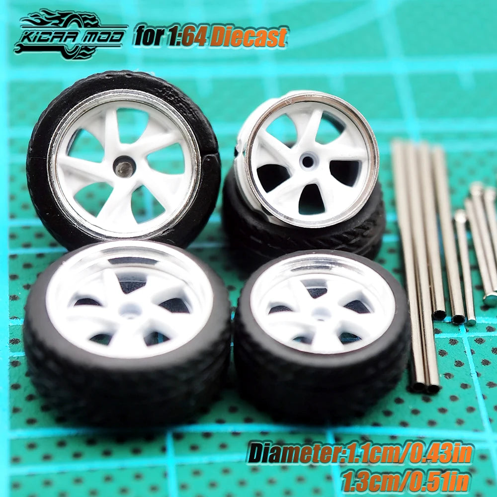 KicarHapp1/64-Jantes Métalliques ABS avec Caoutchouc pour Voiture Miniature, Pièces de Réaménagement Avant, Petite et Arrière