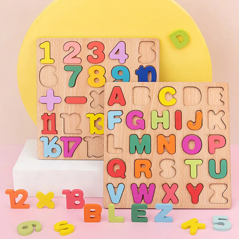 Puzzle en bois en forme de chiffres et de l'alphabet, planche assortie pour bébé, apprentissage précoce, Puzzle 3D, jouets éducatifs préscolaires pour enfants