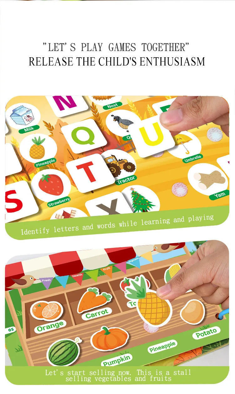 Livre occupé pour les tout-petits âgés de 2 à 6 ans, livre silencieux, activité d'apprentissage préscolaire, autocollant réutilisable et Velcro assorti Montessori Fine Mot