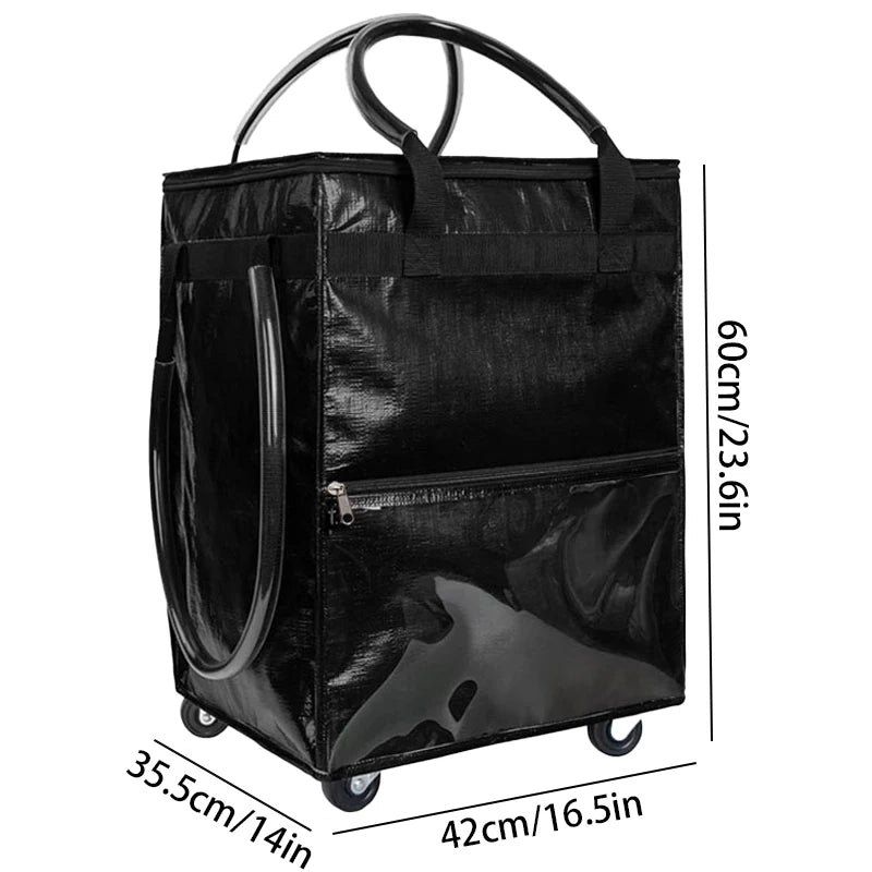 Sac de courses réutilisable à roulettes, sac fourre-tout roulant de voyage de grande capacité, fermeture à glissière, poignée pliable, pas facile à casser