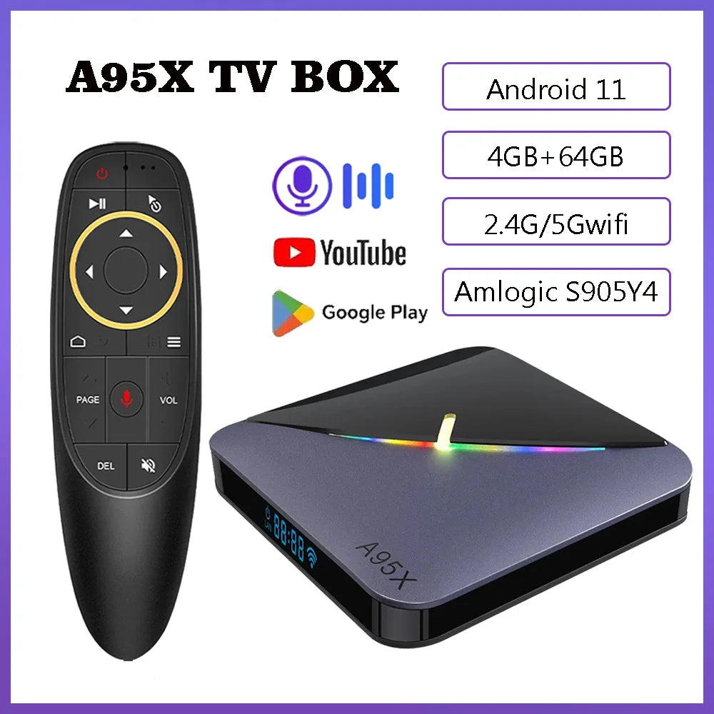 Boîtier Smart TV Android 11, A95X F3AirII, Amlogic S905Y4 BTpig, 4 Go RAM, 64 Go ROM, 4K, Vidéo RGB Light, 2024G, 5G, Touriste, Wifi, Décodeur Dean, 2.4