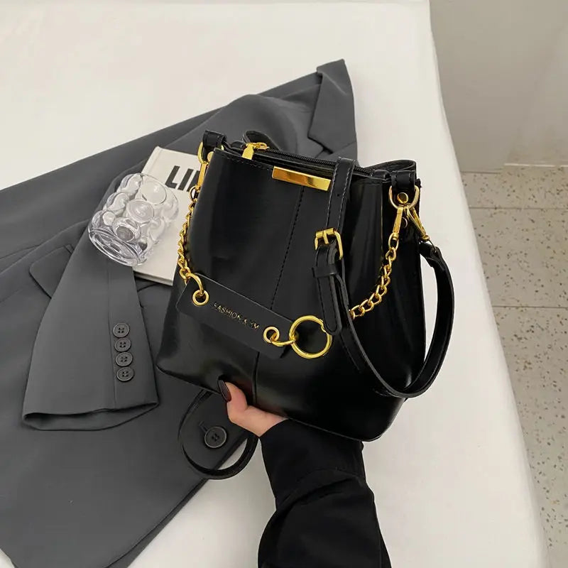 Women's PU leather chain bucket bag, Korean style handbag, shoulder bag, 2025 