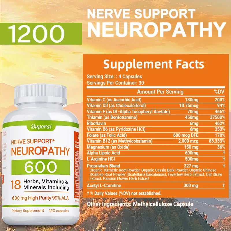 Complément de soutien pour la neuropathie 600 mg - Soutient le système nerveux, soulage le stress, favorise la fonction cérébrale et augmente l'énergie
