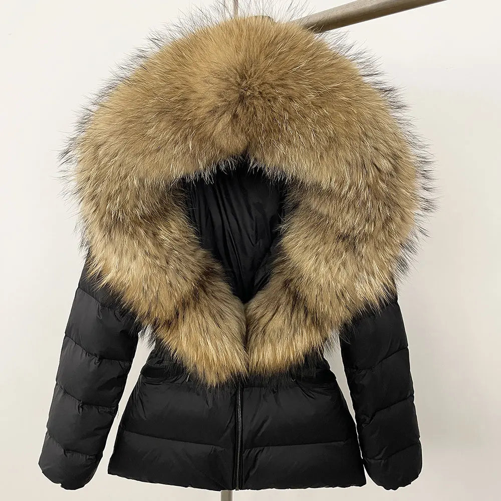 OFTBUY 2024 veste d'hiver femmes naturel réel raton laveur col de fourrure de renard à capuche blanc canard vers le bas manteau ceinture épais chaud vêtements d'extérieur décontractés