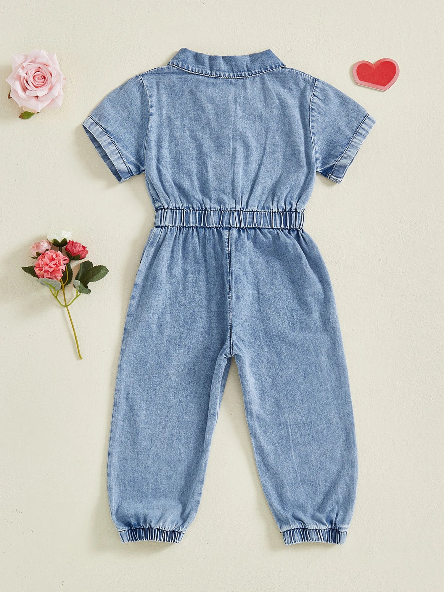 Barboteuse en jean pour petites filles, manches courtes, revers boutonné, combinaison pleine longueur avec poches